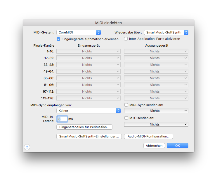 Dialogbox MIDI einrichten